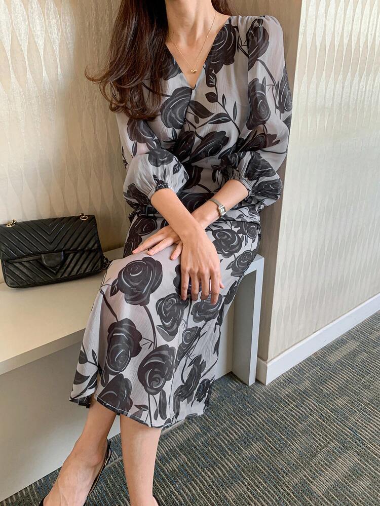 Retro Rose Print Long Sleeve V-Neck Sexy Elegant Dress For Women,Casual Women Dresses,Fall Clothes Floral Dresses For Women