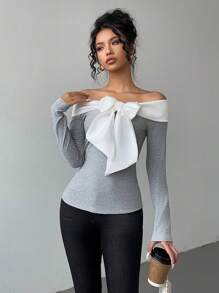 Chiquease Women Elegant Contrast Color Off Shoulder Bowknot Tie T-Shirt, Autumn