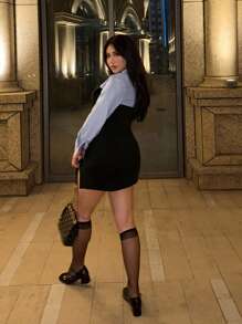 Calvaya 大码女式简约通勤条纹拼色修身连衣裙