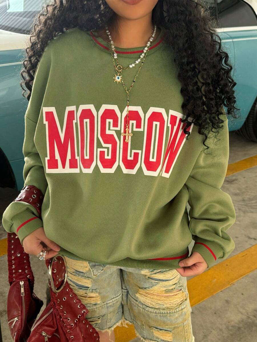 INAWLY Sweat-shirt décontracté pour femmes à col rond, manches longues avec imprimé de lettres, épaules dénudées, automne/hiver