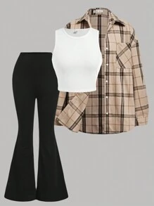 SHEIN Girlism 少女买 1 送 2 3 件/套：格子长袖衬衫、白色短款背心、罗纹针织喇叭裤休闲学院风 3 件套