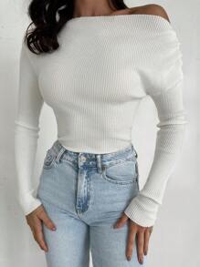 Firerie Elegant Minimalist Casual Shoulder Cut-Out Long Sleeve Ribbed Knit Sweater, White, Layering Basic Autumn/Winter