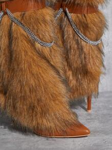 SHUZIA New Fluffy Vegan Leather Zipper Pointed Toe, Chain Decor Heeled Boots Holiday Vacay Vibe For And Summer Shoes Spring Shoes Spring Break Easter