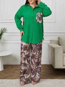 RueChic Plus Floral Print Loose Shirt + Wide Leg Pants Two-Piece Set - Multicolor - View 6