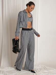 COSMINA 2pcs Women Grey Stripe Casual Lounge Set, Autumn/Winter