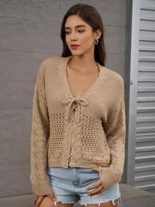INAWLY Khaki Pullover Hollow Laced Up Knit Sweater Top