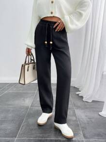RueChic Women's Solid Drawstring Waist Casual Pants - Black - View 3