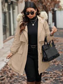 Calvaya Manteau rembourré à zip avec capuche en peluche et empiècement, pour vêtements d'hiver, grande taille