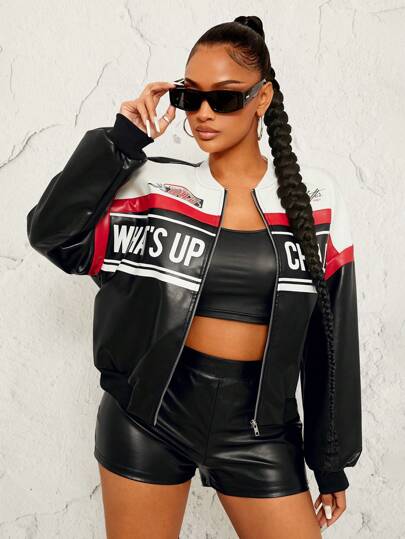 Radiana Autumn Winter PU Splice Motorcycle/Racing Bomber Jacket Fall Clothes Women