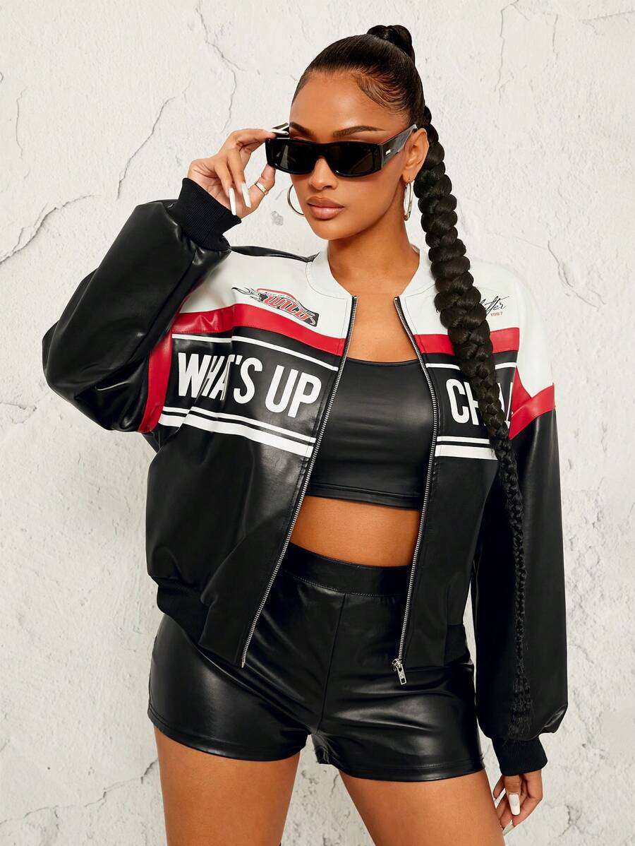 Radiana Autumn Winter PU Splice Motorcycle/Racing Bomber Jacket Fall Clothes Women - Multicolor - View 1