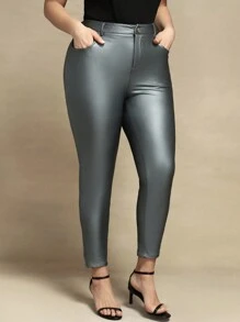 SHEIN Clasi Plus Size Women's Pocketed PU Leather Skinny Pants Fall Cloth For Women - Silver - View 1