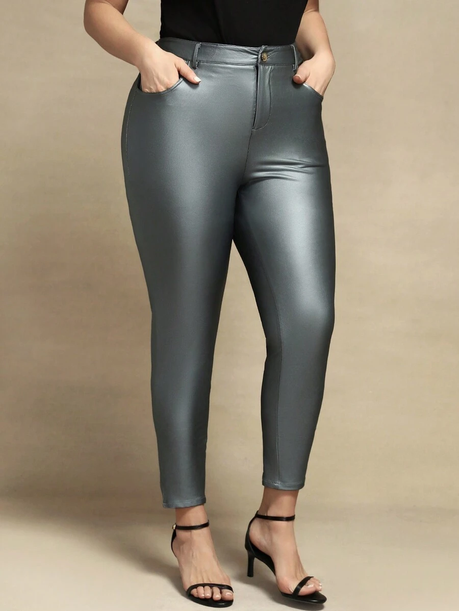 SHEIN Clasi Plus Size Women's Pocketed PU Leather Skinny Pants Fall Cloth For Women - Silver - View 1