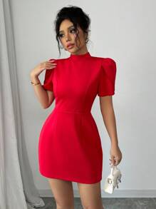 Selianne Women's Color Block Patchwork Bow Decor Short Sleeve Casual Mini Dress - Red - View 2