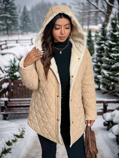 SHEIN LUNE Plus Size Women's Reversible Plush Quilted Padded Casual Jacket, Winter Plus Size Fall Clothes