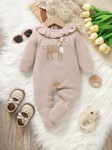 SHEIN Vintaside Kids Baby Girls Deer Jacquard Ruffle Collar Romper, Cute And Casual Overall Outfit For