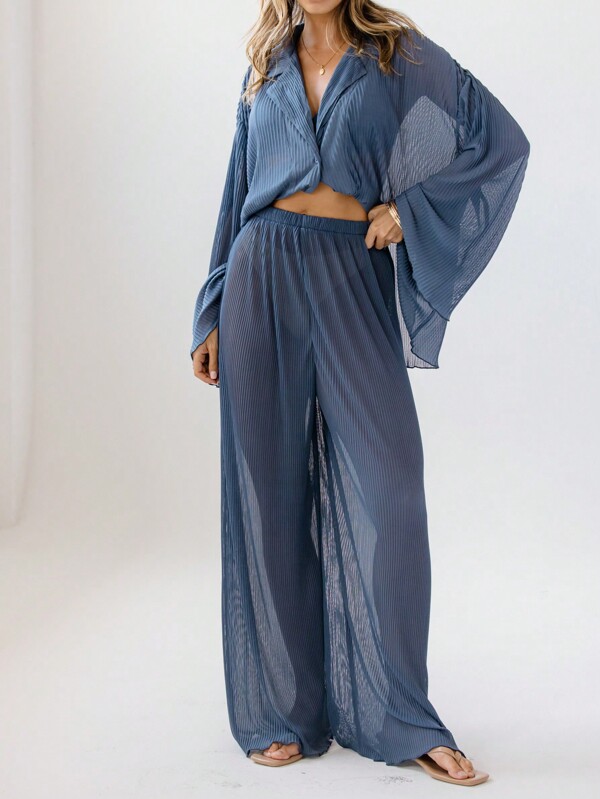 Aralina Casual High-Waisted Lightweight Plisse Wide-Leg Pants
