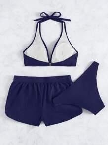 SHEIN Swim Women's Solid Color Halter Tied Casual Bikini Swimwear Set With Shorts, Vacation Beach Summer - Navy Blue - View 2