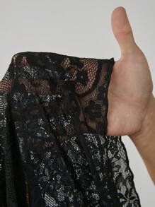 SHEIN Tall Women's Black Lace See-Through Sexy Deep V Neck Long Sleeve Top - Black - View 7