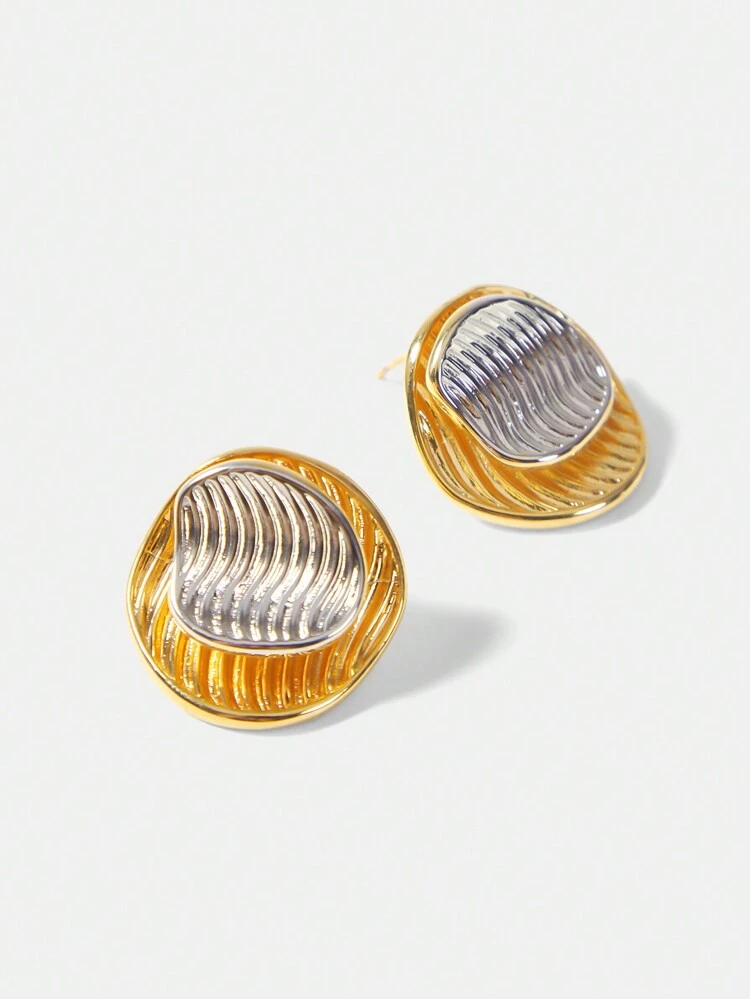 18K GOLD-PLATED TEXTURED BI-COLOR STUD EARRINGS