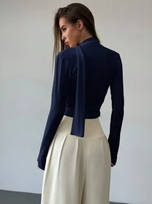 Aloruh Elegant Shirred Neck Long Sleeve Fitted Women T-Shirt