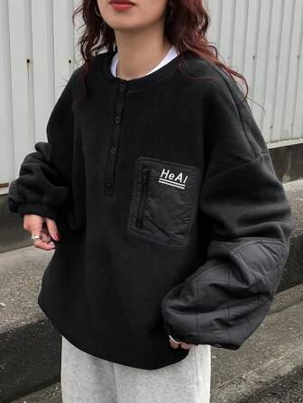 FRIFUL Women's Casual Pocket Decor Loose Fit Sweatshirt, Autumn/Winter,Thermal Lined