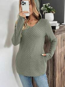 SHEIN LUNE Women's Autumn/Winter Raglan Sleeve Hoodie T-Shirt, Front Distressed Panel, Side Pockets, Casual Loose Fit