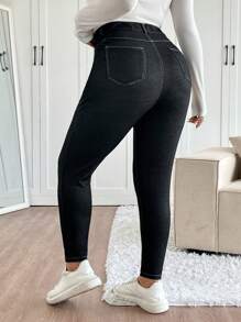 SHEIN Frenchy Plus Size Women's Black Pocketed Skinny Casual Pants, Versatile