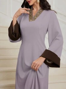 Al Najma 2024 春秋新款 V 领修身浅色阿拉伯风格连衣裙，优雅长款 Jalabiya 阿拉伯连衣裙，适合晚会/婚礼嘉宾/周年纪念，端庄 - 淡紫色 - 查看 4