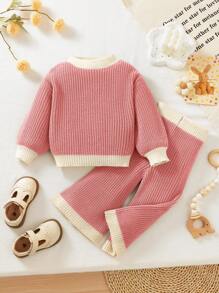 SHEIN Conjunto de 2 piezas de punto para bebé niña, jersey de bloques de color y pantalón holgado de punto de cintura elástica, para otoño/invierno - Multicolor - Ver 1