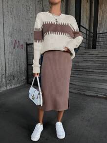 SHEIN Cottnline 2pcs Set Women Contrast Color Crew Neck Long Sleeve Top & Solid Color Slit Hem Knitted Mid Skirt - Dusty Pink - View 5