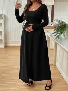 SHEIN Plus Size Maternity Flowing Solid Color Dress, Autumn - Black - View 5