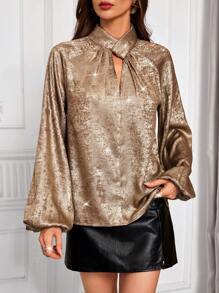 SHEIN Clasi Women Elegant Casual Commuter Solid Color Collar Twist Shoulder Long Sleeve Satin Blouse, Spring/Autumn For New Year Holiday Party Clothes - Gold - View 6