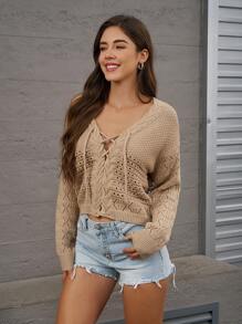 INAWLY Khaki Pullover Hollow Laced Up Knit Sweater Top