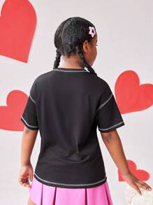 Tween Girls Black Short Sleeve T-Shirt With Cool Girl Metallic Print, Suitable For School And Outdoor Wear