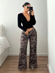 SHEIN ICON 女士口袋低腰迷彩宽松阔腿裤 - 卡其色 - 查看 3