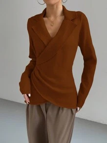 SHEIN Unity Women's Solid Color Crossover Lapel Long Sleeve High End Sweater, Autumn/Winter Knit Fall - Brown - View 4