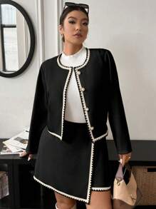 Calvaya 2pcs Set: Ruffle Trim Metal Faux Pearl Button Front Jacket And Women Mid-Length Skirt, Elegant - Black - View 7