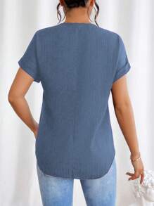 EMERY ROSE 女士纯色前拉链短袖休闲上衣，日常穿着 - 藍色 - 查看 2