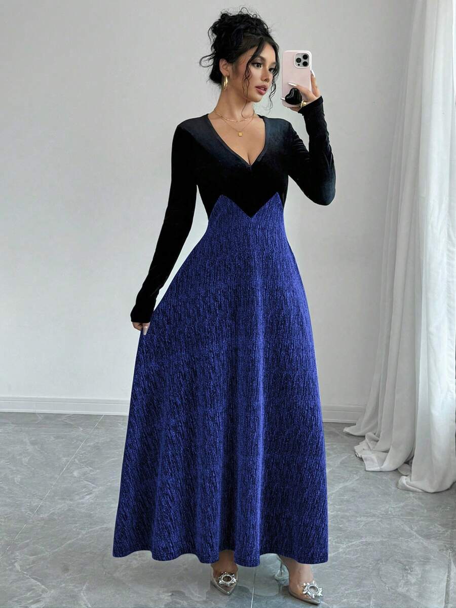 Modelyn 女士优雅黑色天鹅绒长袖 A 字裙超长女士套装长款晚礼服