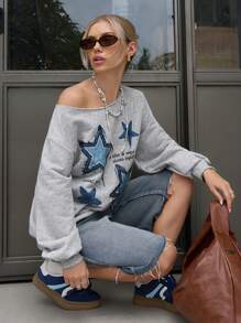 SHEIN EZwear Women's Loose Casual Minimalist Five-Pointed Star Print Off-Shoulder Long Sleeve Sweatshirt - Light Grey - View 3