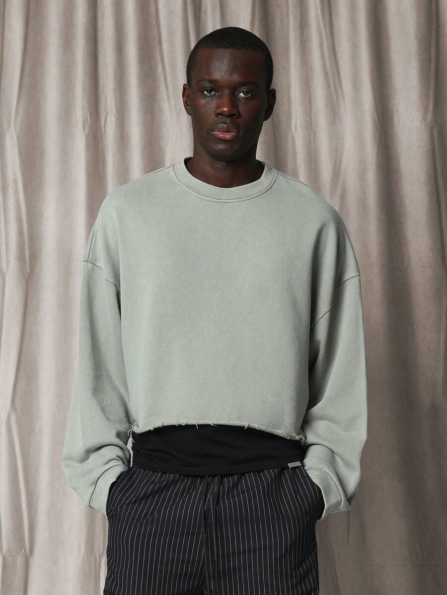 SUMWON Casual Raw Edge Cropped Sweatshirt Oversized Drop Shoulder Winter Streetwear Athletic Loungewear Cotton Blend Pullover Fall Spring Athleisure - Grey - View 1