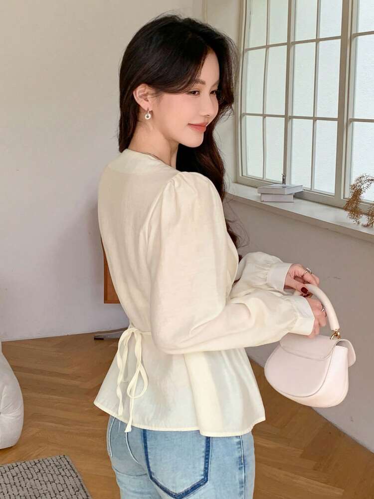 Women's Solid Color Fitted Long Sleeve Tie-Waist Elegant Blouse, Summer,Fall Clothes