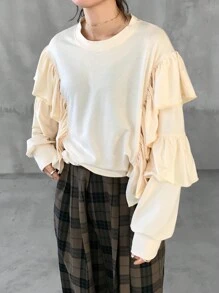 FRIFUL Camiseta Casual Solta Feminina de Manga Longa, Gola Redonda, Cor Sólida, com Recorte Franzido, Outono - Bege - Visão 3