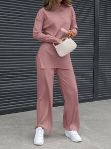 EURMUSE 2pcs Women Fall Solid Color Drop Shoulder Long Sleeve T-Shirt And Pants Casual Set - Dusty Pink - View 3