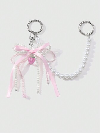 Kawaii 1 Stück niedlicher handgefertigter Schlüsselanhänger aus Perle, Kristall, Erdbeere, Quaste und Schleife aus Kunstharz, modischer, süßer Stil, geeignet als tägliches Accessoire für Frauen oder als Geschenk