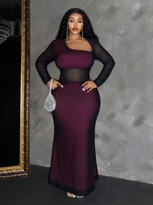 Maweii Plus Size Women Elegant Long Sleeve Asymmetrical Neckline Fish Tail Hollow Out Sexy Waisted Bodycon Dress Maxi Women Outfit Fall Cloth For Women - Hot Pink - View 3