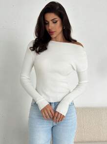 Firerie Elegant Minimalist Casual Shoulder Cut-Out Long Sleeve Ribbed Knit Sweater, White, Layering Basic Autumn/Winter