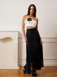 BELROSIE 2pcs Floral Decor Adjustable Suspender Camisole Paired With Flared Maxi Skirt Set, For Valentine's Day, Spring & Summer - Black and White - View 5