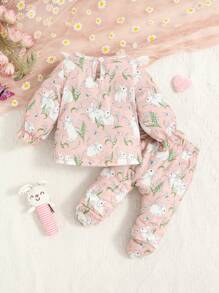 2pcs/Set Baby Girl Casual Pink Simple Fashion Cute Elegant Long Sleeve Top And Long Pants Homewear Set, Comfortable And Warm For Winter - Pink - View 2