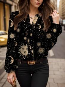 Glamance Heymoonly Blusas negras de talla grande para mujer con mangas extra largas, escote entallado, estilo casual, diseños de galaxia, lisos, gráficos y geométricos. Atuendos de verano para mujer, blusas de verano para salir, oficina, atuendos casuales de negocios, atuendos de oficina para mujer en otoño, atuendos de día y noche, atuendos de viaje y ropa de aeropuerto para mujer